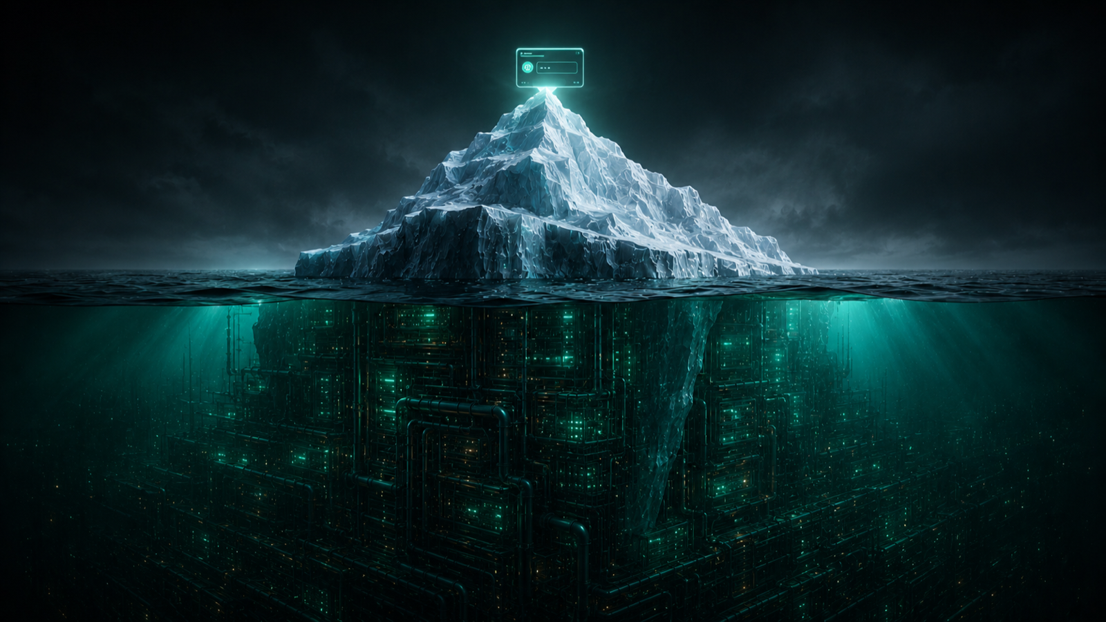 An iceberg as a metaphor for the AI operating system: a small tip above the water, the chatbot everyone sees, and a far larger mass below the surface, the operating system underneath that everyone depends on.